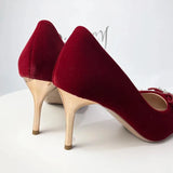 Sexy Red Velvet Wedding Shoes for Women 2023 Luxury Pearl Bowknot Pointed Toe Pumps Woman Stiletto High Heels Dress