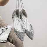 Women Luxury Rhinestone Ballet Flats Cross-Tied Lace Up Flat Shoes Woman Crystal D'orsay Wedding Shoes Glitter Sliver