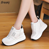 Leather Shoes Women Fashion Sneakers Flat Platform Shoes Women Flats Heigh Increasing 9cm Ladies White Shoes
