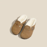 Fashion Winter Fur Slipper Leather Mule Clogs Slippers Long Plush Warm Indoor Soft Cork Buckle Slides Footwear for