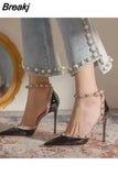 for Woman Super-high Heel Footwear Thin Heels Women's Shoes Pointed Toe Summer 2023 Rivet Stiletto Closed Black Shoe H