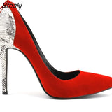 Women Sexy High Heels Shoes Velvet Snake Pattern Pointed Toe Zipper Female Pumps Woman Wedding Big Size