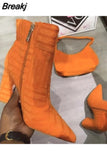 New Women's Brand Luxury High Heels Fashion Green Towel Warm Street Style Women's Boots Pointed Toe Fashion Women's