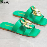 Ladies Slippers Summer Fashion Metal Decorative Square Head Outer Wear Flat Slippers Soft Bottom Seaside Beach