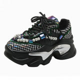 Print Chunky Sneakers Women 2023 Thick Bottom Platform Ladies Sports Shoes Street Fashion Pearl Rhinestone Dad Shoes
