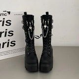 Women's Punk Gothic Boots 2023 Fashion Buckle Chain High Heels Mid Calf Boots Women Black Pu Leather Plus Size 42 Autumn