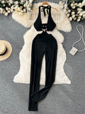 Sexy Women Green Cutout Jumpsuit Fashion Streetwear Lace-up Halter Neck Sleeveless Slim Fit Full Length Pants