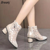 Spring Summer Boots Fashion Rhinestones Gauze Sandals Thick High Heel Mesh Short Boots Hollow Women's Shoes Large