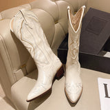 White Cowboy Boots for Women Embroidery Pointed Toe Mid Calf Botas Female Slip On Thick Heels Cowgirl Boots Woman