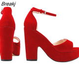 Summer Ankle Strap Sandal 12cm Women Pumps Sexy Peep Toe Square High Heels Woman Shoes Flock Platform Wedding
