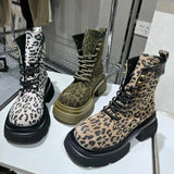 Boots for Women Sexy Leopard Lace-up Round Toe Square Heel Platform Boots Retro Trend Shoes Botas Altas Plataforma