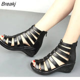 2023 Summer Genuine Leather Gladiator Sandals Women 5.5cm High Heels Classic Black Peep Toe Hollow Ladies Sandals