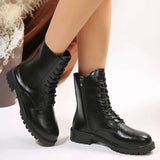 PU Leather Black Ankle Boots Women 2023 Autumn Zip Lace Up Platform Shoes Woman Fashion Non Slip Motorcycle Botas