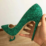Green Women Glitter Sexy Pointed Toe Stilletto Pumps Ladies Sparkly Party High Heels Shiny Wedding Shoes 8cm 10cm