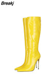 Toe Women's High Boots Sexy Metal Thin Heels Shoes Rose Red Shiny Leather Back Zipper Women's Winter High Boots