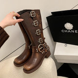 Combat Boots Zip Chuny Heel Buckle Vintage Fashion Casual Luxury Designer Western Mid Calf Boots Shoes