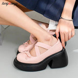 High Heels Platform Pumps Women 2023 Autumn Bowtie Crossed Straps Mary Jane Shoes Woman Pu Leather Thick Heeled Jk