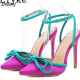 Summer Party Wedding High Heels For Women 2023 Fashion Pink Bowknot Stiletto Sandals Pointed Toe Buckle Strap Shoes