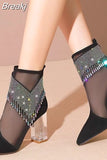 Fashion Boots Women 2023 New Tassel Rhinestone Ladies Pointed Toe Chunky Heels Dress Party Women Mesh Sandals