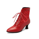 Women Victorian Pointed Toe Ankle Boot Fashion Leather Lace Up Spliced Ladies High Heel Shoe Women Short Boot Plus Size48