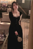 Autumn Vintage Black Velvet Dress Women Korean Fashion Elegant Midi Dress Casual Slim Long Sleeve Party Dress Woman