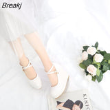 White Platform Wedges Wedding Shoes Pumps Women High Heels Round Toe Pumps Cross Buckle Fashion Footwear Leisure Mary