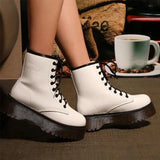 Womens Autumn Winter Ankle Boots Lace Up Flat Heels Fur Cotton Padded Platform Shoes Woman Leather Motorcycle Botas