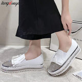 43 Luxury Crystals Round Toe Flats Women Pink white Bordered Fringe Platform Casual Female Rhinestone Women Shoes