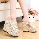Net yarn High heels Women Wedges Sandals tongs slippers Platform Female Lace Increase mujer Shoes feminina