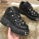 Women's Punk Style Leather Shoes Lace-up Heel Height 6CM Platform Female Gothic Ankle Boots PU Metal Decor Thick Bottom