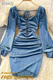 Autumn Winter Velvet Dress for Women Sexy Chain Criss Cross V-neck Long Sleeve High Waist Folds Mini Party Dress