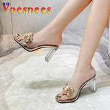 Fashion Girl Bow Crystal Slippers Sexy Transparent Dress Heel Shoes Summer Pearl Bowknot Design 2023 Elegant Party