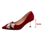 Sexy Red Velvet Wedding Shoes for Women 2023 Luxury Pearl Bowknot Pointed Toe Pumps Woman Stiletto High Heels Dress