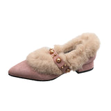 Winter New Women Pointed Toe Rivet Thick Heels Loafer Retro British Style Warm Casual Slip on Chunky Footware Women