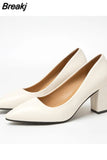 Newest Women's Leather Thick Heel Single Shoes Ladies Pointed Toe Shallow High Heels Work Pumps Eu 35-41 Black