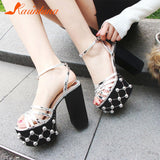Women's Sandals Fashion 2023 Metal Luxury Elegant Platform Sandals Ankle Buckle Super Chunky High Heels Rivet Party