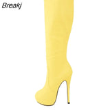 Womens Matte Leather Pointed Toe High Heels Autumn Winter Mid Calf Knee Wide Leg Stretch