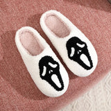 Bat Embroidered Cotton Slippers Ghost Indoor Home Shoes for Women Plus Size Warm Plush Slippers Soft Flat Shoes