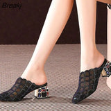 Summer Slippers Fashion Rhinestone Mesh Comfort Breathable Office Shoes Sexy Square Heel Party Shoes Designer Slides