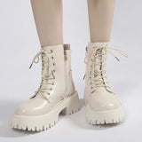 Women's Autumn Black PU Leather Ankle Boots Chunky Platform Combat Boots for Women 2023 Fashion Non Slip Motorcycle Shoes