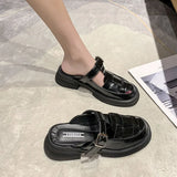 Slippers Casual Cover Toe Platform Slides Mules For Women 2023 Med Luxury Retro PU Rubber Hoof Heels Microfiber Fretwork