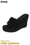 Size High-heeled Furry Slippers for Women's Autumn Winter 2023 New Open-toed Fashion Slope Loafers Fur Slippers