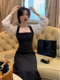 Sleeve Elegant Lace Dress Party Casual 2023 Autumn Slim Vintage Black Midi Dress Woman Design Korean Style Backless