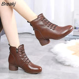 Autumn Winter 2022 New Vintage Genuine Leather Short Boots Comfortable Thick Heel Women's Boots High Heels