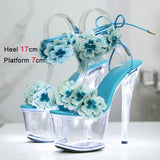 Transparent Platform High Heels Light Up Glowing Luminous Sandals Handmade Flowers Ankle Strap 17CM Summer Shoes For