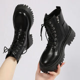 Women's Autumn Black PU Leather Ankle Boots Chunky Platform Combat Boots for Women 2023 Fashion Non Slip Motorcycle Shoes