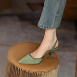 Spring Summer Closed Toe Sandals Women French Slingback Suede Leather Women Shoes Pointed Toe High Heels Green Single