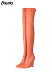 Elegant Woman Thigh High Botas Outdoor Wedges Leather Slip-on Ladies Shoes Thick Bottom Over-knee Boots Big Size