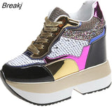 White Sneakers Women's Platform Wedge Casual Shoes Height Increasi Shoes 10 CM Thick Sole Chunky Sequins Lady Autumn