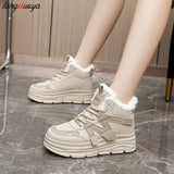 Women Letter Pattern Winter Fleece-lined Thermal Chunky Sneakers Non-slip Thick Soled Sports Sneakers platform cotton